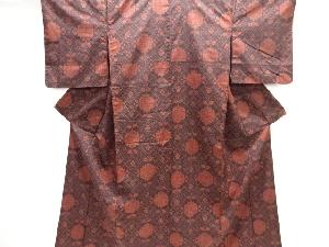 アンティーク　斜め格子に花模様手織り紬着物